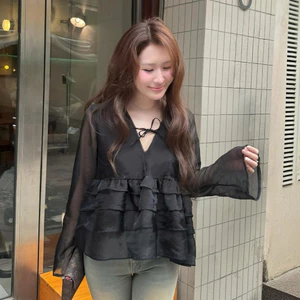 Áo Babydoll Kiểu Nữ Tay Dài Dáng Ngắn Xếp Tầng Cổ V Mix Dây Nơ Nữ Tính Kimee - KA896