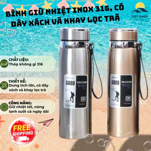 Bình Giữ Nhiệt Inox 316 Cao Cấp, Chai Nước Giữ Nhiệt Có Dây Xách, TIDY SHOP, Bình Nước Giữ Nhiệt Có Lưới Lọc Trà