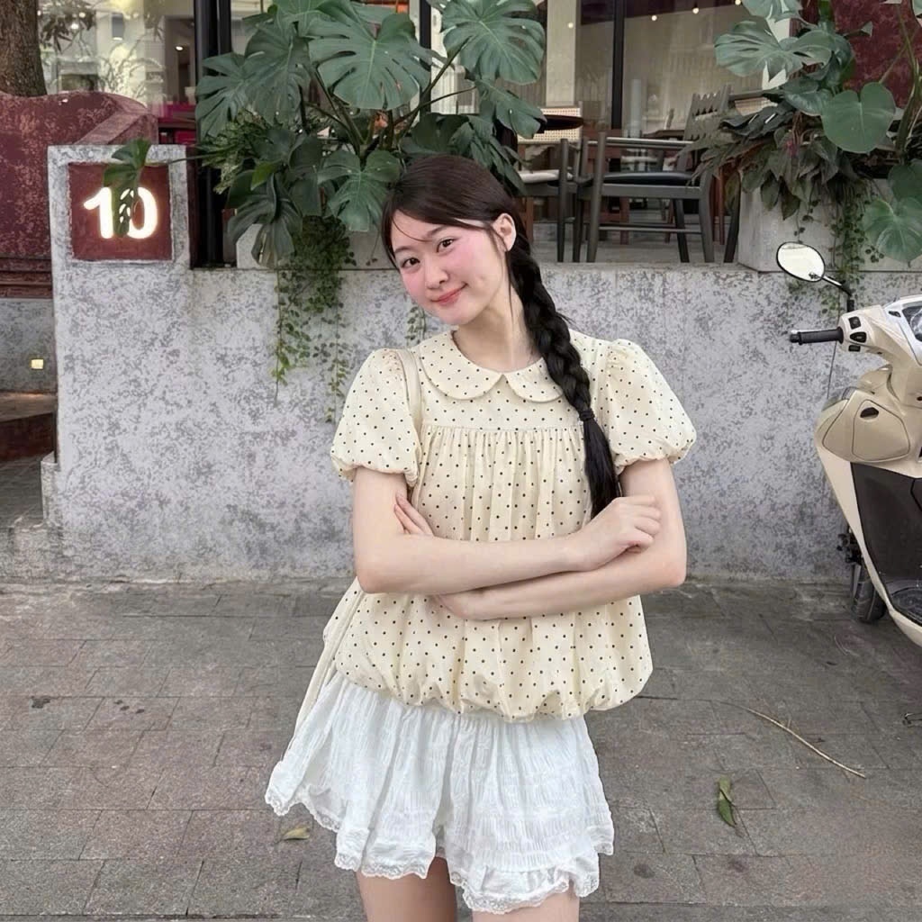 [CHE KHUYẾT ĐIỂM TAY/EO] Áo Cổ Sen Nữ Tay Ngắn Thanh Lịch, Áo Babydoll Cổ Bèo Vintage Dễ Phối Đồ, Chất Liệu Mềm Mát
