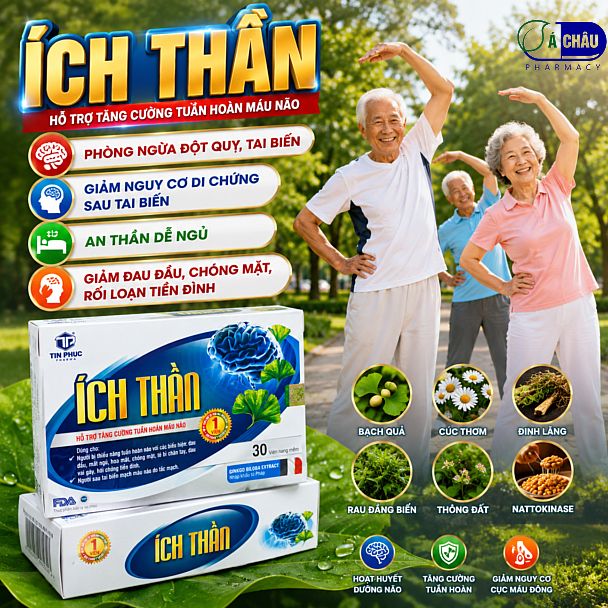 (1 Viên Mỗi Ngày) Ích Thần - Tăng Cường Lưu Thông Máu Não, Giúp Giảm Đau Đầu, Mất Ngủ, Tiền Đình, Phòng Ngừa Tai Biến