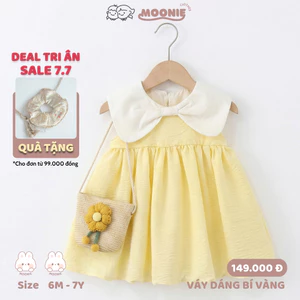 Váy Bé Gái Dáng Bí Babydoll Cổ Nơ Sát Nách Chất Đũi Mềm Cho Bé Size Từ 6-25kg tay ngắn màu vàng