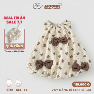 Váy Bí Sát Nách Hoạ Tiết Nơ Và Gấu Hai Lớp Cho Bé Gái Chất Đũi Thoáng Mát Size Từ 8-22kg