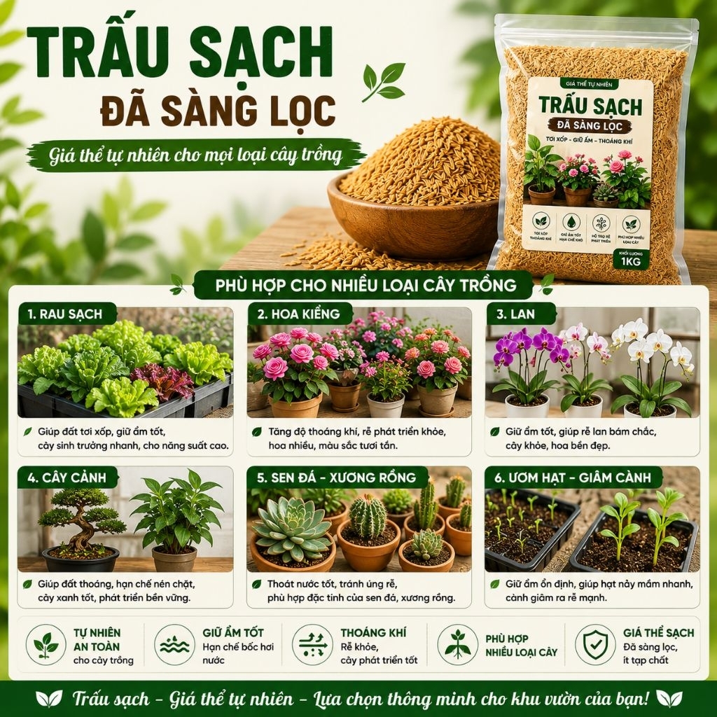 Trấu Sạch 1kg - Giá Thể Trồng Cây Tự Nhiên, Giữ Ẩm, Phối Trộn Đất Rau Hoa Cây Cảnh, Nguyên Liệu Hữu Cơ Sạch, Tiện Lợi