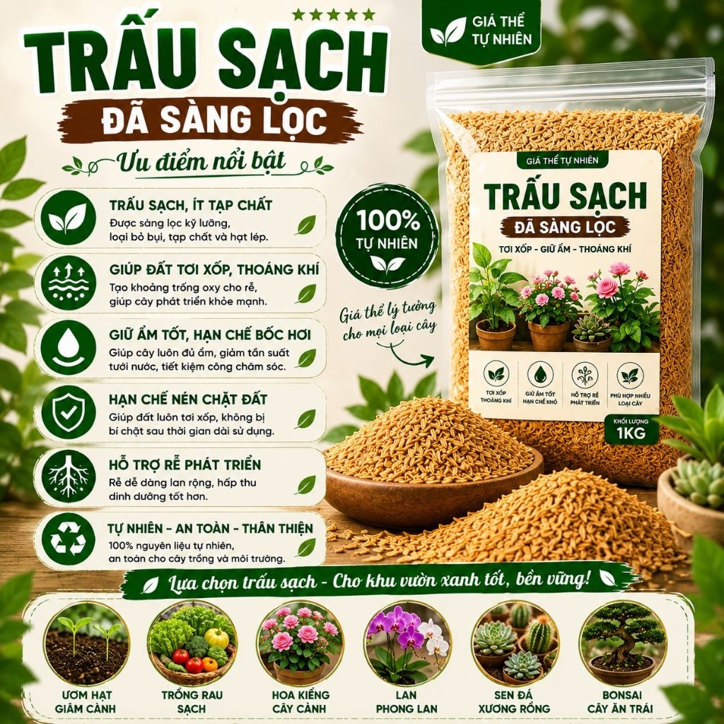 Trấu Sạch 1kg - Giá Thể Trồng Cây Tự Nhiên, Giữ Ẩm, Phối Trộn Đất Rau Hoa Cây Cảnh, Nguyên Liệu Hữu Cơ Sạch, Tiện Lợi