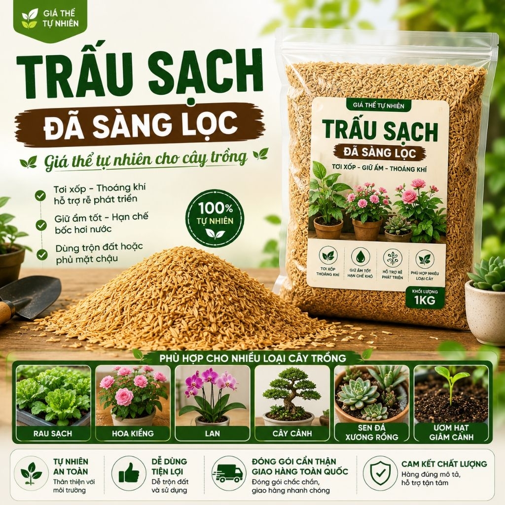 Trấu Sạch 1kg - Giá Thể Trồng Cây Tự Nhiên, Giữ Ẩm, Phối Trộn Đất Rau Hoa Cây Cảnh, Nguyên Liệu Hữu Cơ Sạch, Tiện Lợi