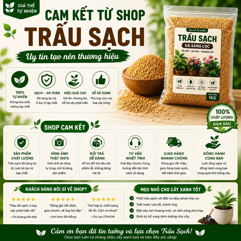 Trấu Sạch 1kg - Giá Thể Trồng Cây Tự Nhiên, Giữ Ẩm, Phối Trộn Đất Rau Hoa Cây Cảnh, Nguyên Liệu Hữu Cơ Sạch, Tiện Lợi
