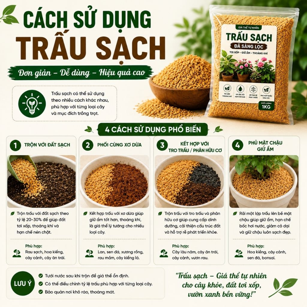 Trấu Sạch 1kg - Giá Thể Trồng Cây Tự Nhiên, Giữ Ẩm, Phối Trộn Đất Rau Hoa Cây Cảnh, Nguyên Liệu Hữu Cơ Sạch, Tiện Lợi