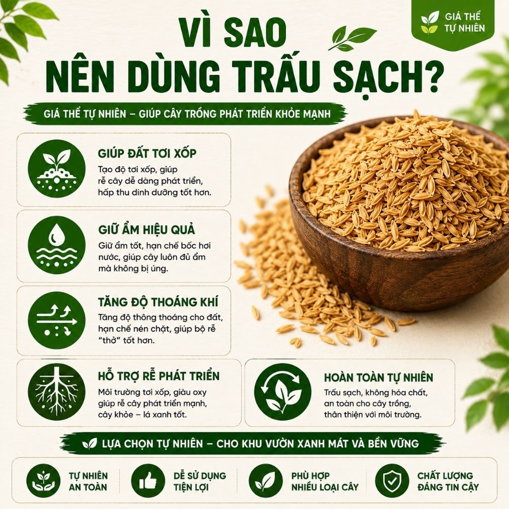 Trấu Sạch 1kg - Giá Thể Trồng Cây Tự Nhiên, Giữ Ẩm, Phối Trộn Đất Rau Hoa Cây Cảnh, Nguyên Liệu Hữu Cơ Sạch, Tiện Lợi