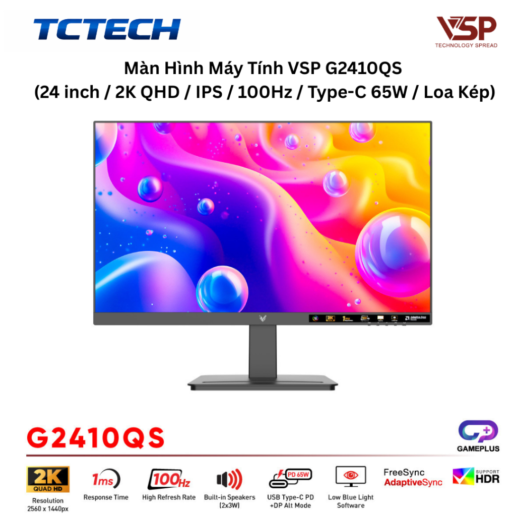 Màn hình 24in 2K VSP G2410QS/G2410Q1  IPS 100Hz Type-C (sạc ngược 65W) có loa BH 36T