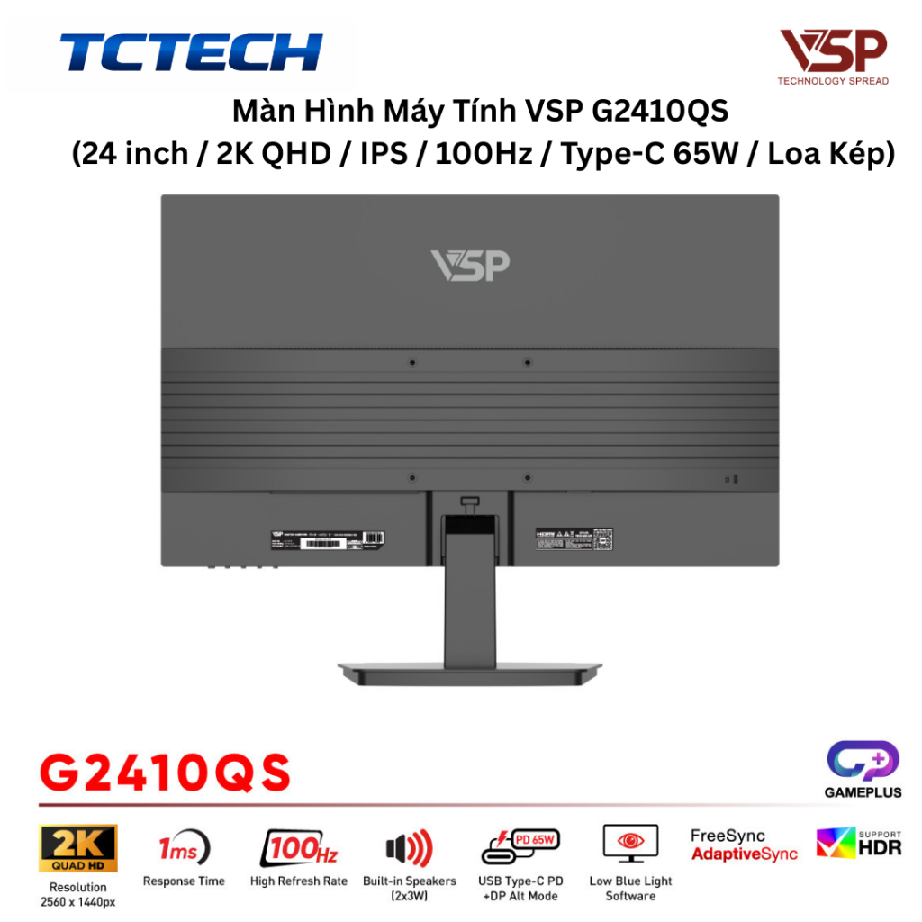 Màn hình 24in 2K VSP G2410QS/G2410Q1  IPS 100Hz Type-C (sạc ngược 65W) có loa BH 36T | BigBuy360 - bigbuy360.vn