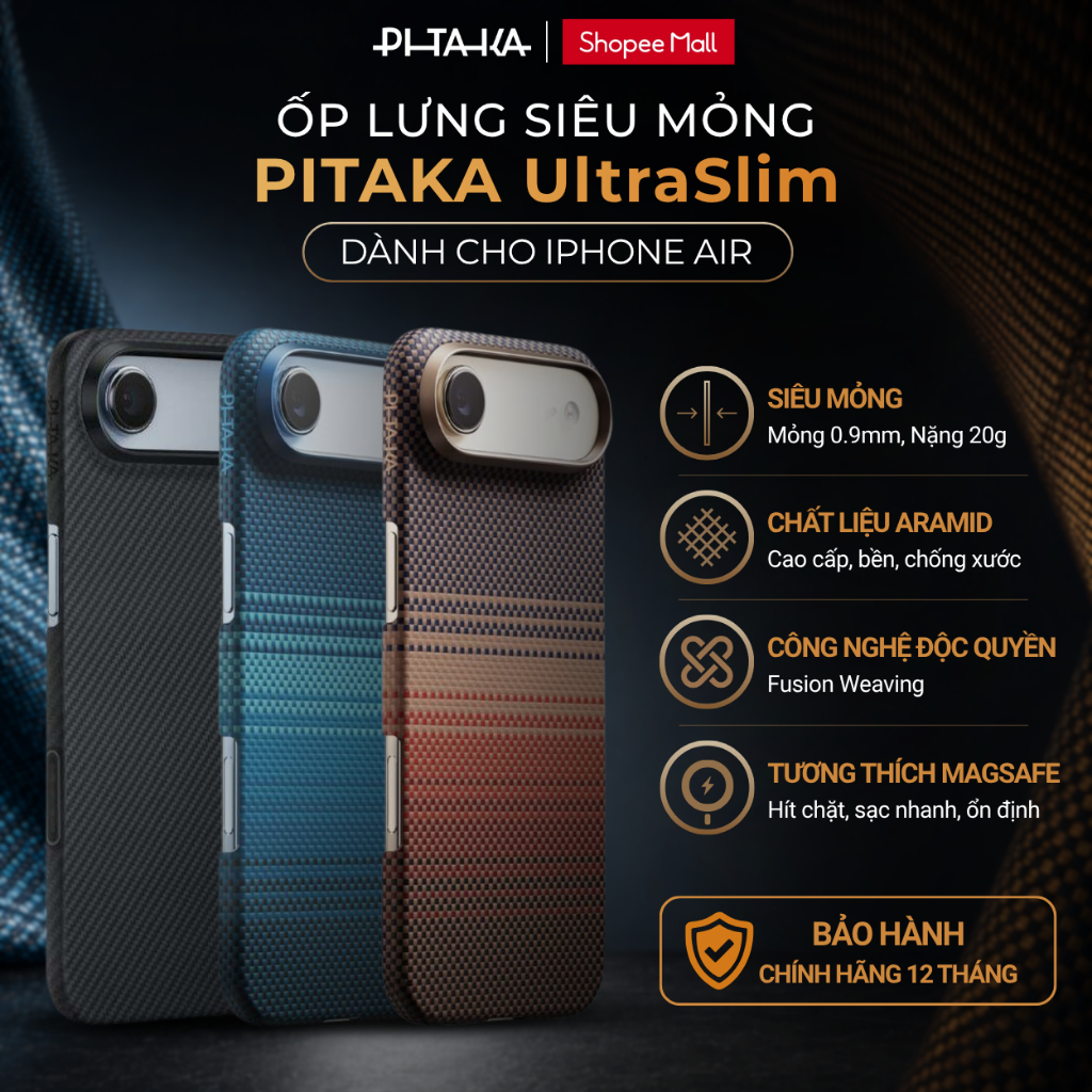 [Ốp Lưng iPhone Air] Ốp PITAKA UltraSlim - Sợi Aramid Cao Cấp, Siêu Mỏng Nhẹ, Sạc Từ Tính, Chống Trầy Xước