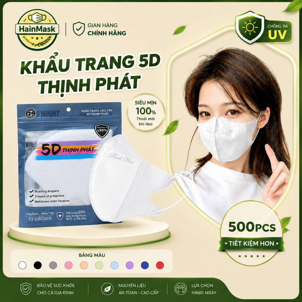 Khẩu Trang 5D Thịnh Phát Chính Hãng | Êm Tai - Thoáng Khí - Chống Tia UV 3 Kháng Khuẩn | Set 200 Cái