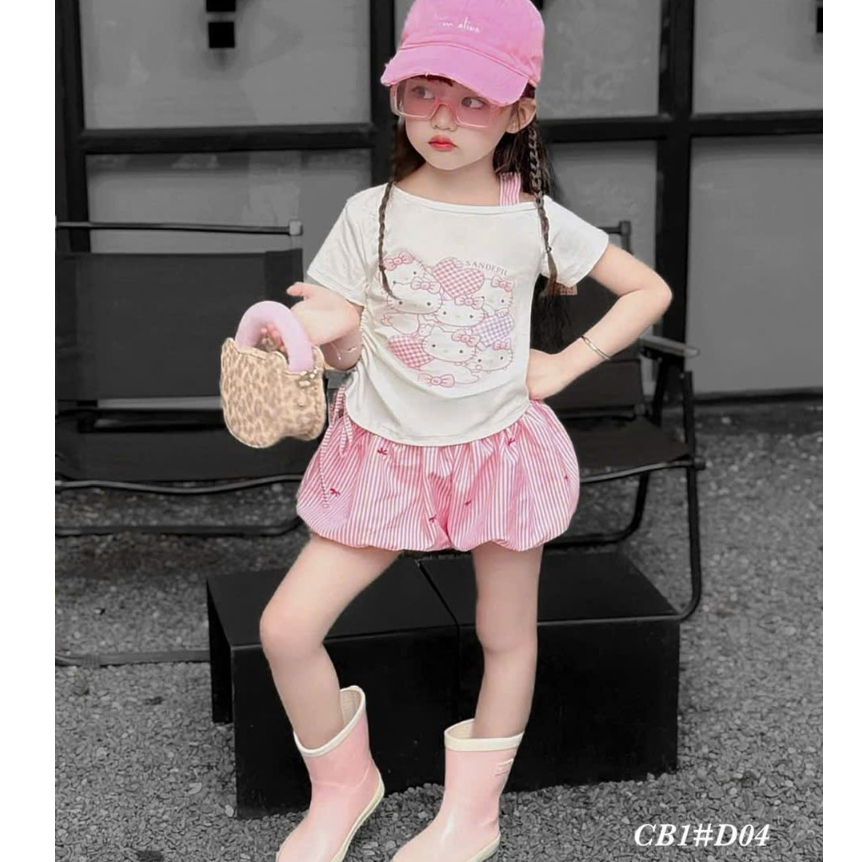 Đồ mặc nhà cho bé, set bé gái sành điệu, đồ bộ bé gái, áo lệch vai rút eo hình mèo mix quần bí kẻ nơ 10-30kg Hami Kids