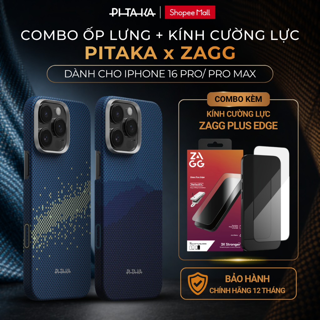 [COMBO ỐP LƯNG & KÍNH CƯỜNG LỰC iPhone 16 Pro/ Pro Max] Ốp Lưng PITAKA UltraSlim Mỏng Nhẹ, Cao Cấp & Kính ZAGG