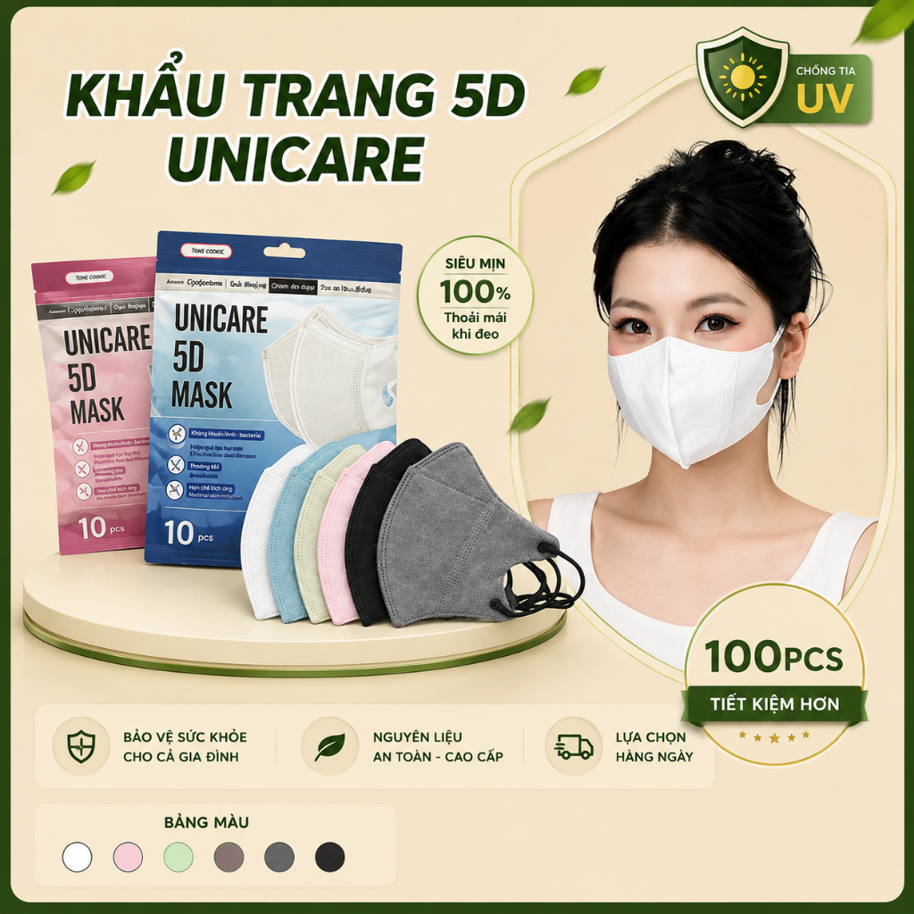 [Set 100 Cái Đủ Màu] Khẩu Trang 5D UNI MASK (Uni Care) Hàng Cao Cấp Chống Bụi Mịn Chính Hãng
