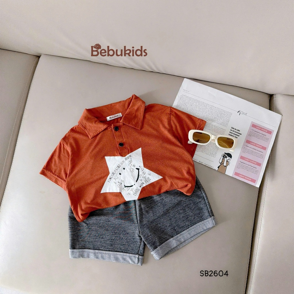 Set polo cộc tay in hình chú voi Bebukids thiết kể cổ nổi bật,thân áo phối màu cá tính cho bé 8-21kg