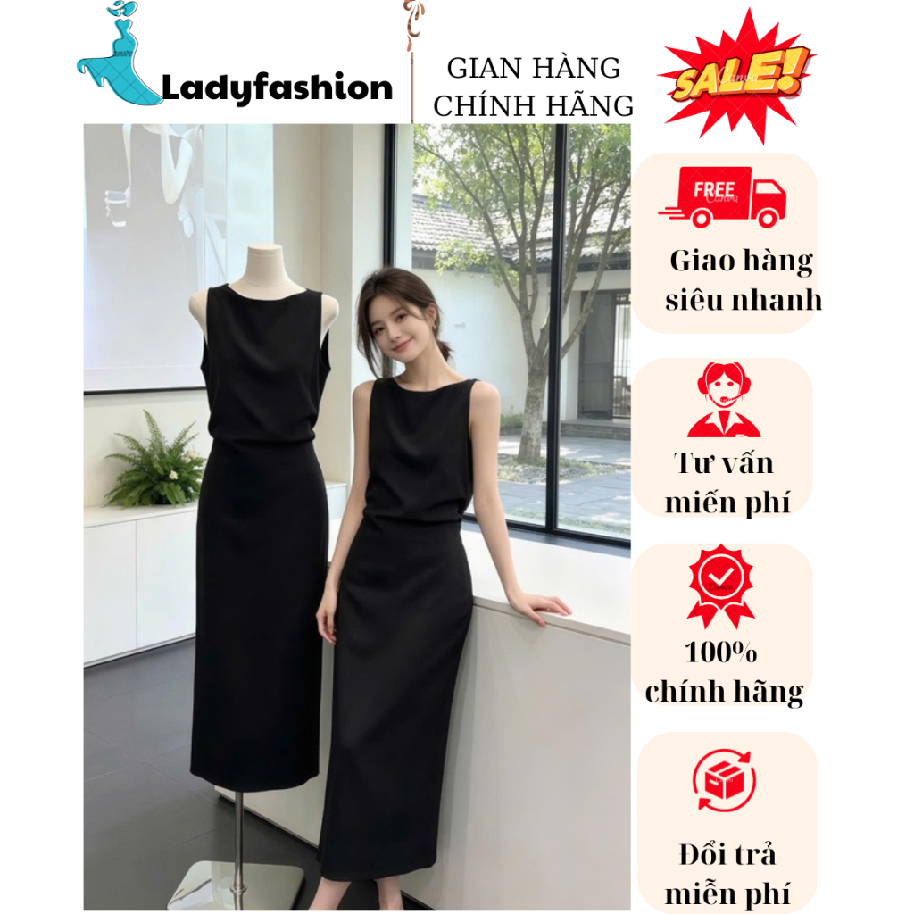 Váy Maxi Đen Dáng Suông Hở Lưng Quyến Rũ - Đầm Nữ Không Tay Cổ Thuyền Thanh Lịch Dự Tiệc, Đi Chơi, Công Sở