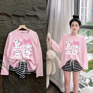 Sét áo hồng in hình tay dài chất cotton +quần sọc đùi , chất thun zip lụa ( hình ngẫu nhiên)