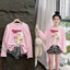 Sét áo hồng in hình tay dài chất cotton +quần sọc đùi , chất thun zip lụa ( hình ngẫu nhiên)