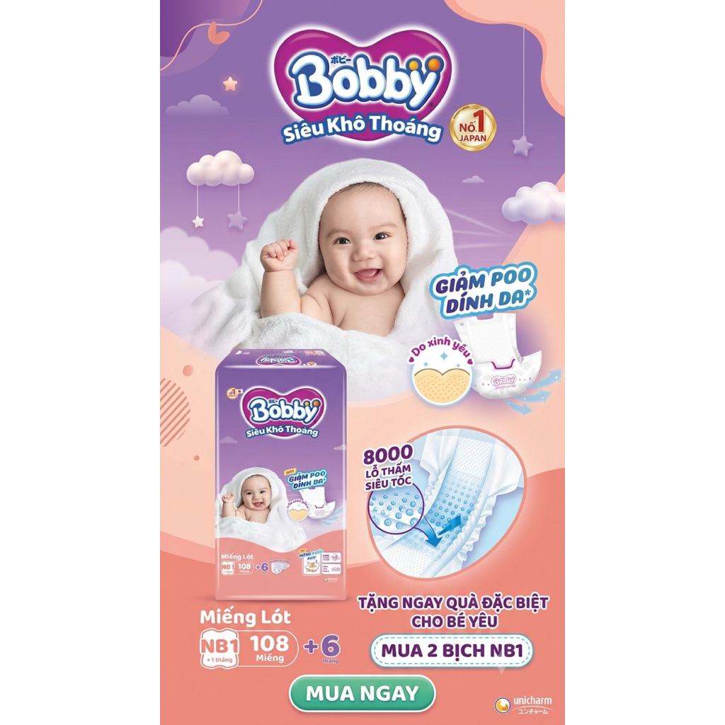 MIẾNG LÓT SƠ SINH BOBBY NEWBORN 1 (<1 THÁNG TUỔI) - GÓI ĐẠI 108 MIẾNG