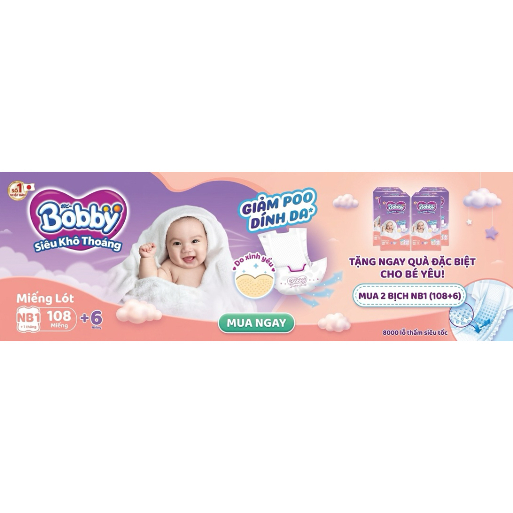 MIẾNG LÓT SƠ SINH BOBBY NEWBORN 1 (<1 THÁNG TUỔI) - GÓI ĐẠI 108 MIẾNG