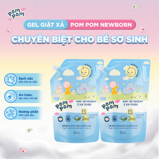 Combo 2 Túi Nước Giặt Xả Pom Pom Newborn 2.7L - An Toàn Cho Bé Sơ Sinh, Sạch Sâu Vết Nôn Trớ Ọc Sữa Hương Phấn Rôm NB27