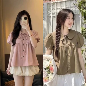 Áo Babydoll Phối Cúc Nâu Thắt Nơ Xinh, Áo Sơ Mi Cổ Sen Tiểu Thư Phong Cách Hàn Quốc Hot Trend From Rộng Syle 2026