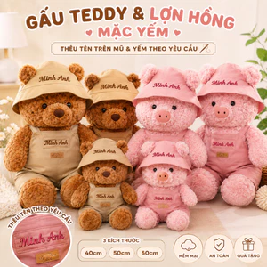 Gấu Bông Teddy & Lợn Hồng Mặc Yếm - Thêu Tên Theo Yêu Cầu Trên Mũ Và Yếm, Quà Tặng Cá Nhân Hóa