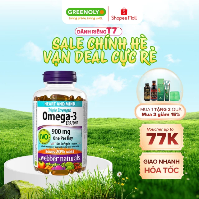 Dầu Cá Omega 3 Webber Naturals Hỗ Trợ Sức Khỏe Tim Mạch, Não Omega3 Triple Strength 900mg EPA/DHA
