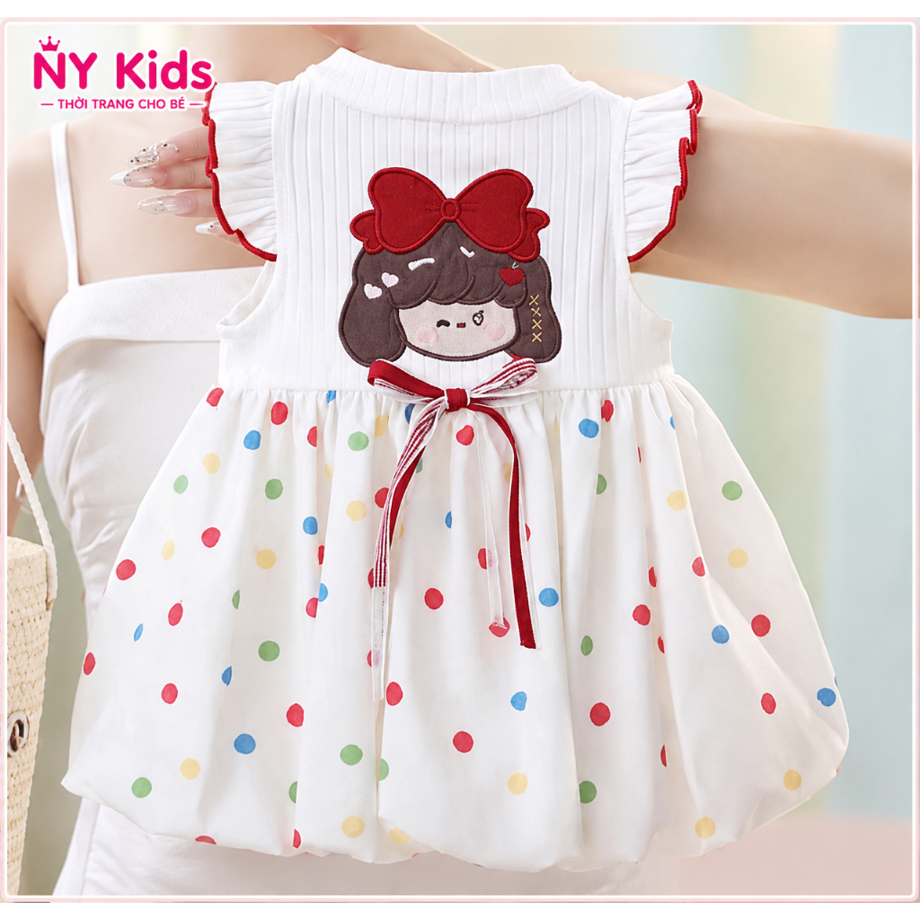 Váy Bé Gái Cánh Tiên Chân Váy Phồng Chấm Bi Cotton Gân Phối Đũi Mềm Mát Mùa Hè K04