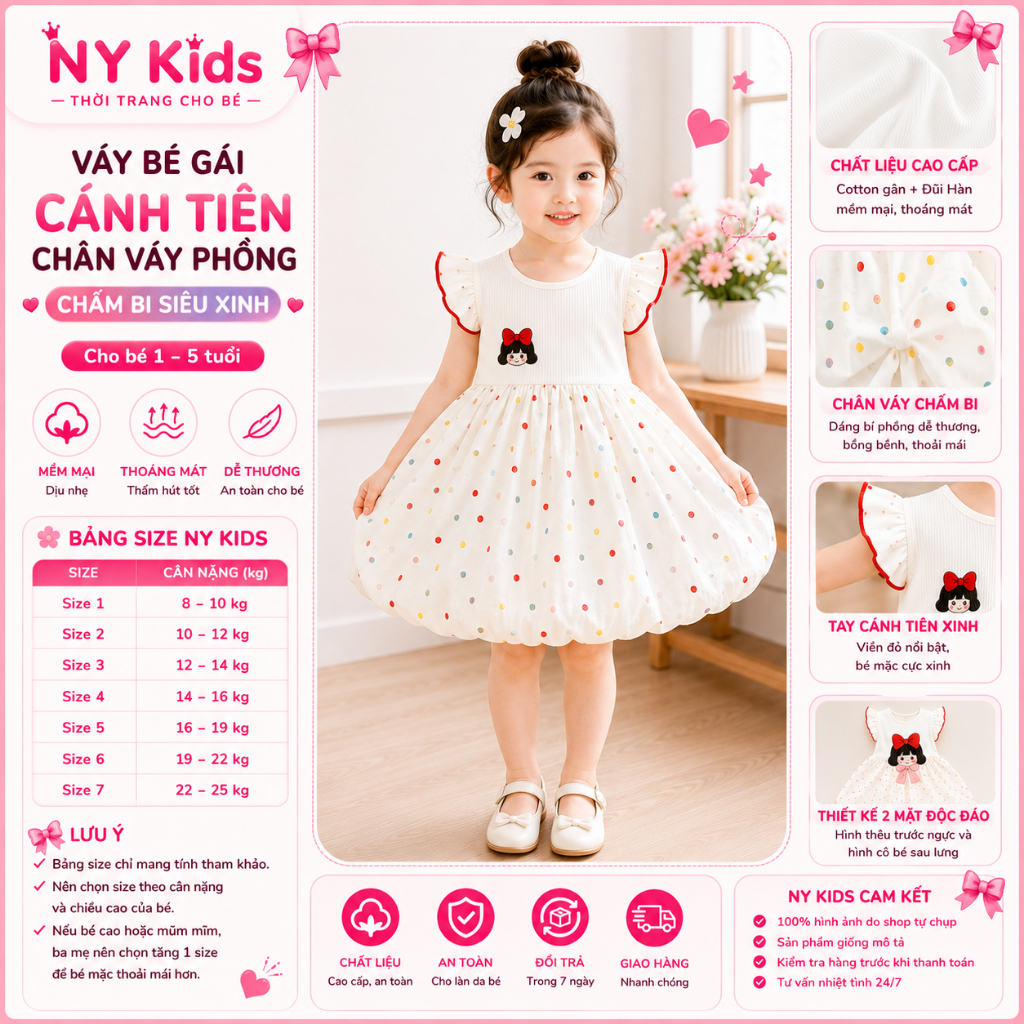 Váy Bé Gái Cánh Tiên Chân Váy Phồng Chấm Bi Cotton Gân Phối Đũi Mềm Mát Mùa Hè K04