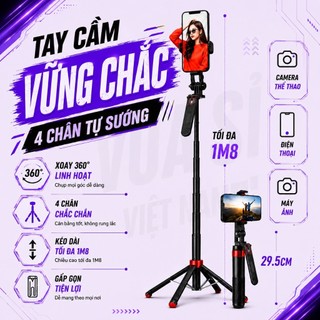 Tripod Gậy Selfie VUASI P185 Gậy Chụp Ảnh 4 Chân Tặng Kèm Remote, Chiều Dài Sử Dụng 30-180cm