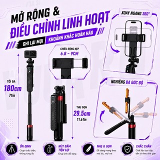 Tripod Gậy Selfie VUASI P185 Gậy Chụp Ảnh 4 Chân Tặng Kèm Remote, Chiều Dài Sử Dụng 30-180cm