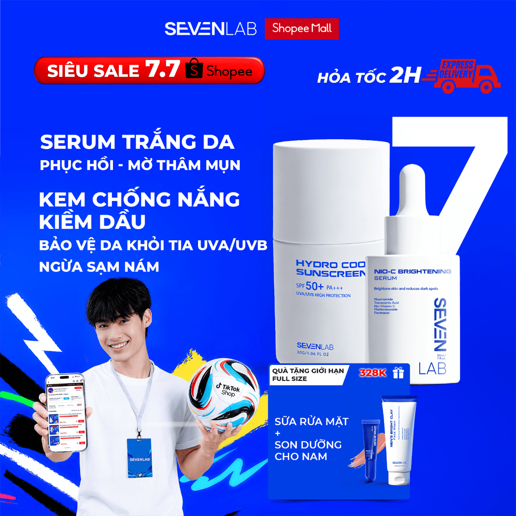 Combo serum dưỡng trắng da và kem chống nắng kiềm dầu phổ rộng SEVENLAB giúp mờ thâm bảo vệ da khỏi tia UVA UVB