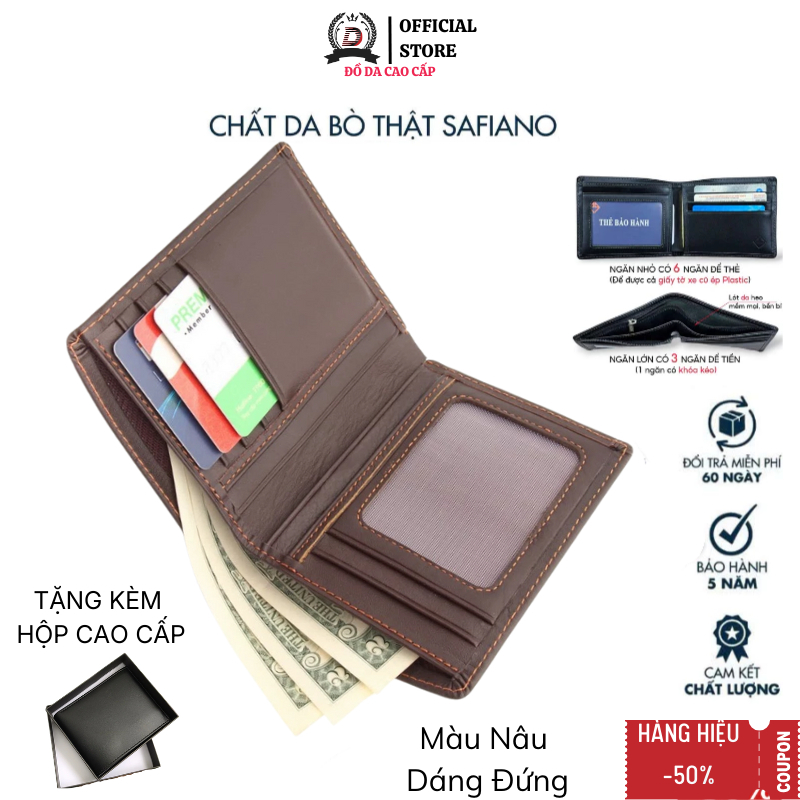 Ví Da Nam Dáng Đứng Da Bò Thật, Nhiều Ngăn Đựng CCCD Thẻ ATM Tiền Mặt, Ví Nam Cao Cấp Bền Đẹp-Classic Leather