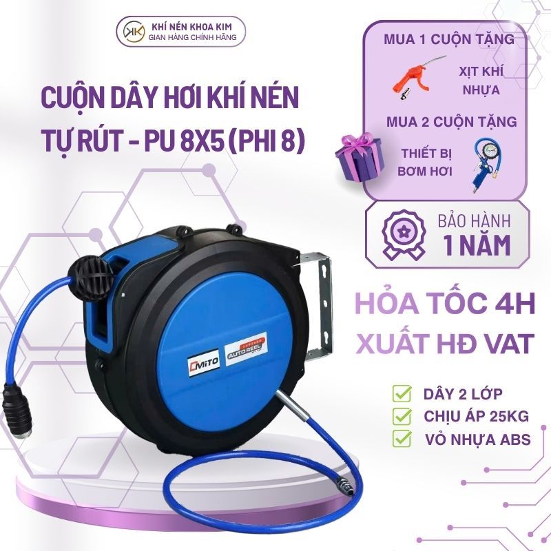 Cuộn Dây Hơi Tự Rút PU-8x5mm Rulo Dây Khí Nén Tự Thu Bơm Khí Chuyên Cho Gara ÔTô Rửa Xe Detailing