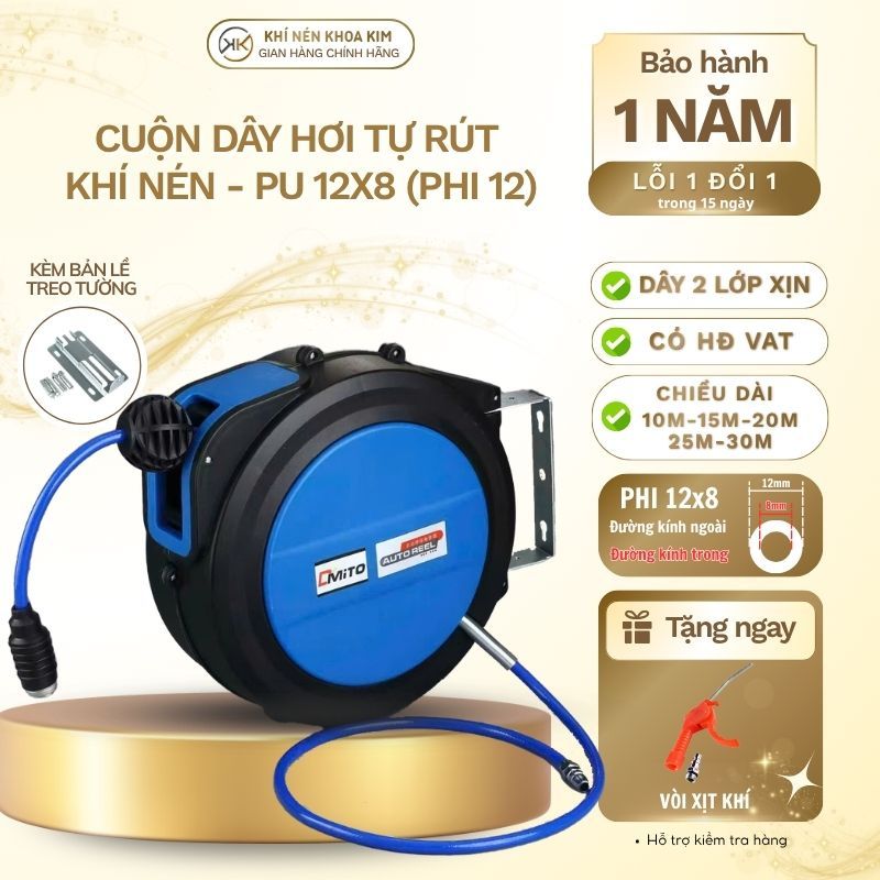 Cuộn Dây Hơi Tự Rút Khí Nén Phi 12-12x8mm 10m-15m-20m-25m-30m Dây Khí Nén PU Rulo Tự Thu Treo Tường