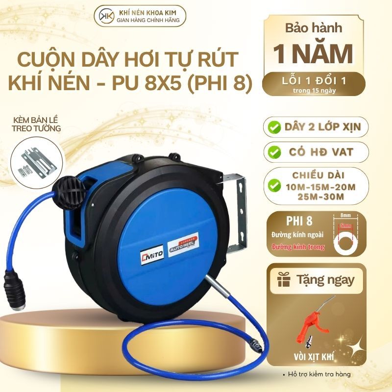Cuộn Dây Hơi Tự Rút Khí Nén PU8-8x5mm Dây Khí Nén PU Rulo Tự Thu Treo Tường Chịu Áp Tốt