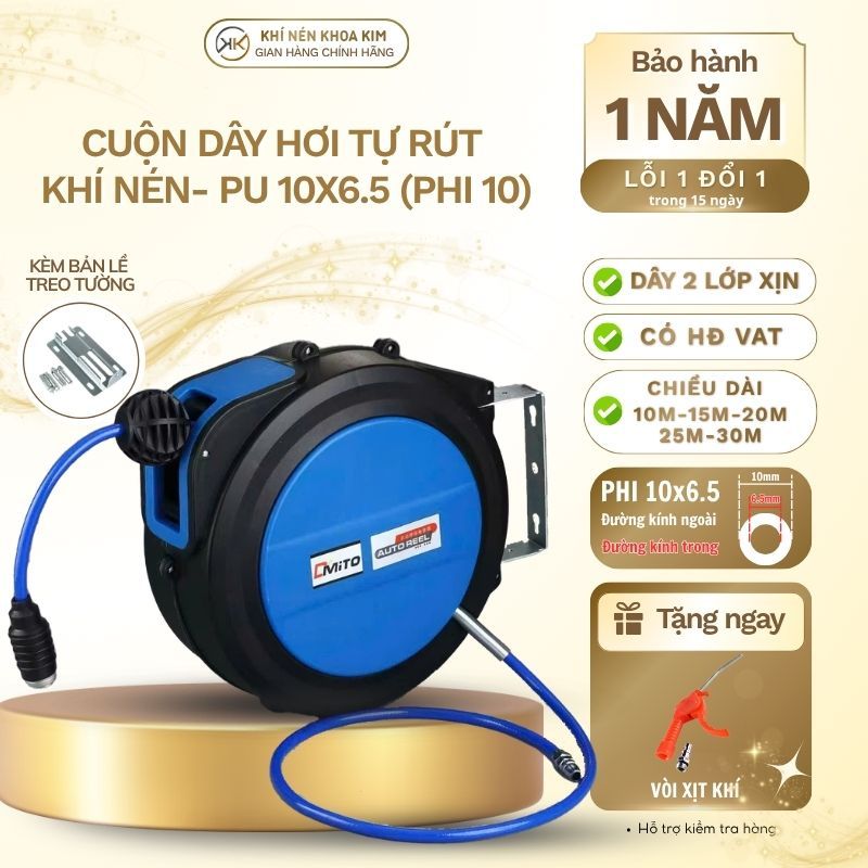 Cuộn Dây Hơi Tự Rút Khí Nén Phi 10 10x6.5mm 10m-15m-20m-30m Dây Khí Nén PU Rulo Tự Thu Treo Tường