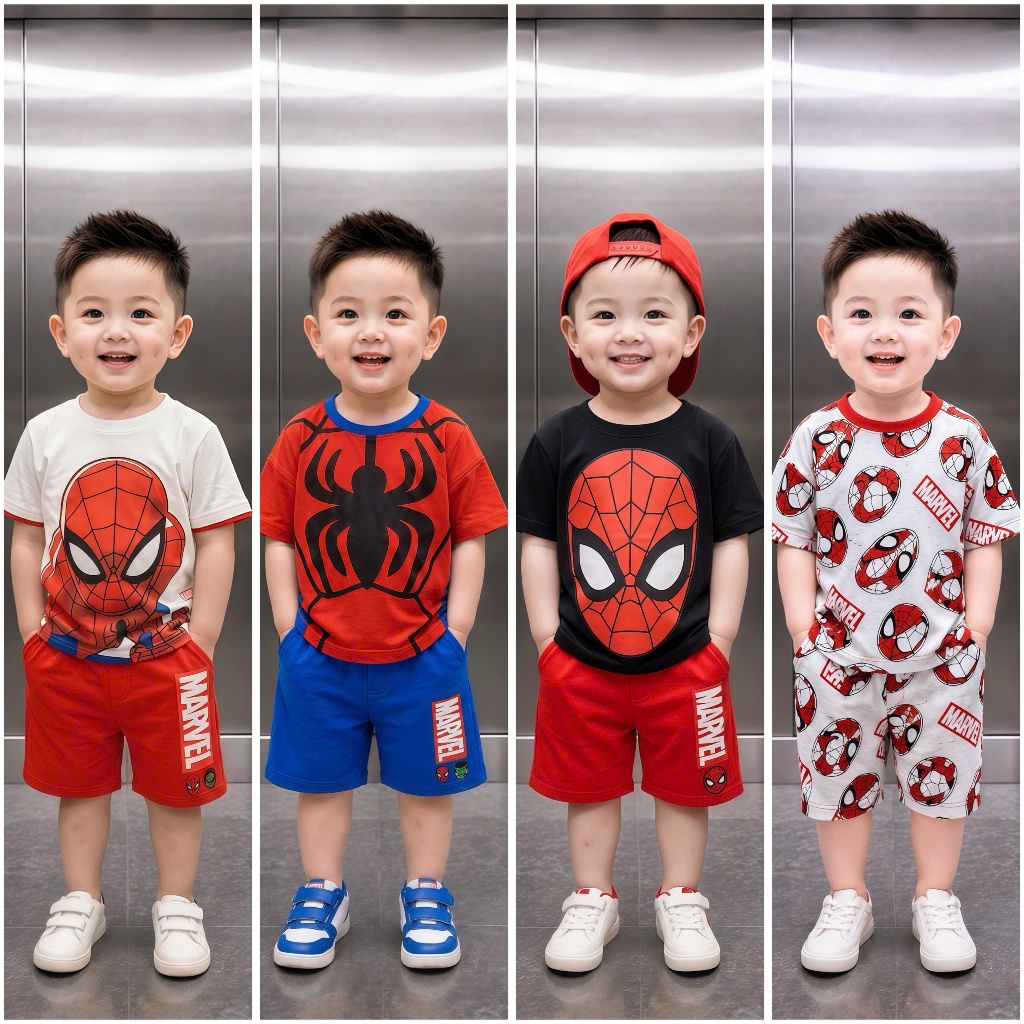 Sét 4 Bộ Cộc Tay Siêu Nhân, cho bé trai chất thun lạnh thái mềm mịn,thoáng mát,size từ 8-40kg,co dãn 4 chiều