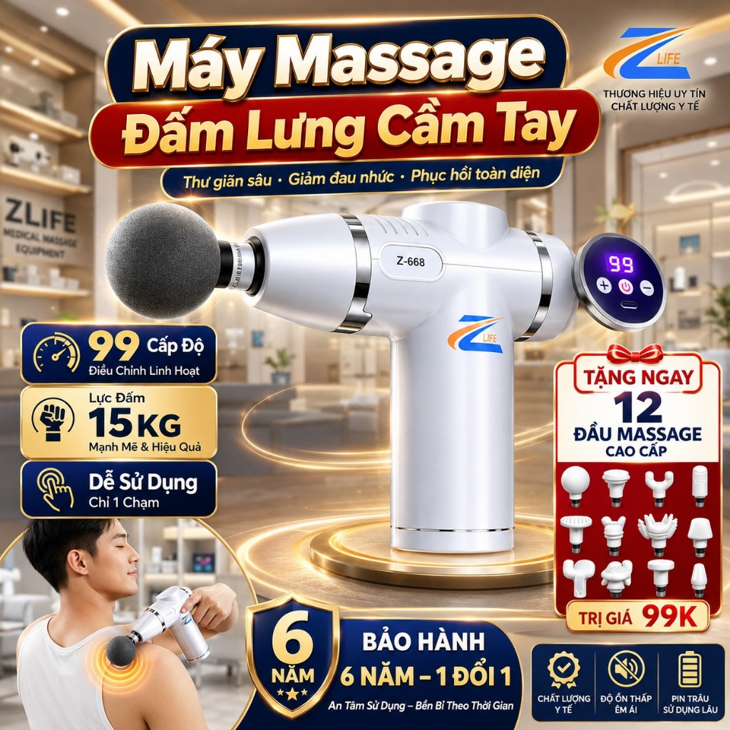 Máy Massage Đấm Lưng Cầm Tay 99 Cấp Z668, Súng Massage Rung Mạnh Giảm Đau Nhức Cổ Vai Gáy Hiệu Quả