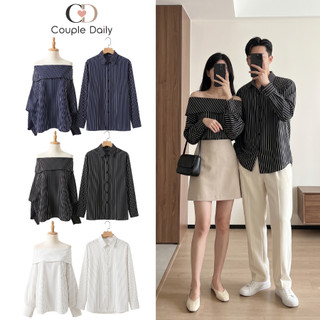 Set Đồ Đôi Nam Nữ Couple Áo Trễ Vai Dáng Suông & Sơ Mi Kẻ Sọc Dọc Thanh Lịch Đi Chơi Hẹn Hò 88002