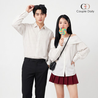 Set Đồ Đôi Nam Nữ Couple Áo Trễ Vai Dáng Suông & Sơ Mi Kẻ Sọc Dọc Thanh Lịch Đi Chơi Hẹn Hò 88002