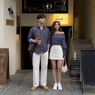 Set Đồ Đôi Nam Nữ Couple Áo Trễ Vai Dáng Suông & Sơ Mi Kẻ Sọc Dọc Thanh Lịch Đi Chơi Hẹn Hò 88002