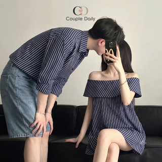 Set Đồ Đôi Nam Nữ Couple Áo Trễ Vai Dáng Suông & Sơ Mi Kẻ Sọc Dọc Thanh Lịch Đi Chơi Hẹn Hò 88002