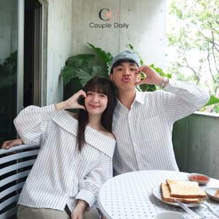 Set Đồ Đôi Nam Nữ Couple Áo Trễ Vai Dáng Suông & Sơ Mi Kẻ Sọc Dọc Thanh Lịch Đi Chơi Hẹn Hò 88002