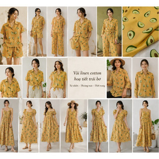 Vải Linen Cotton Nền Cam Cà Rốt In Hoạ Tiết Quả Bơ Mềm Rũ Khổ 1m45