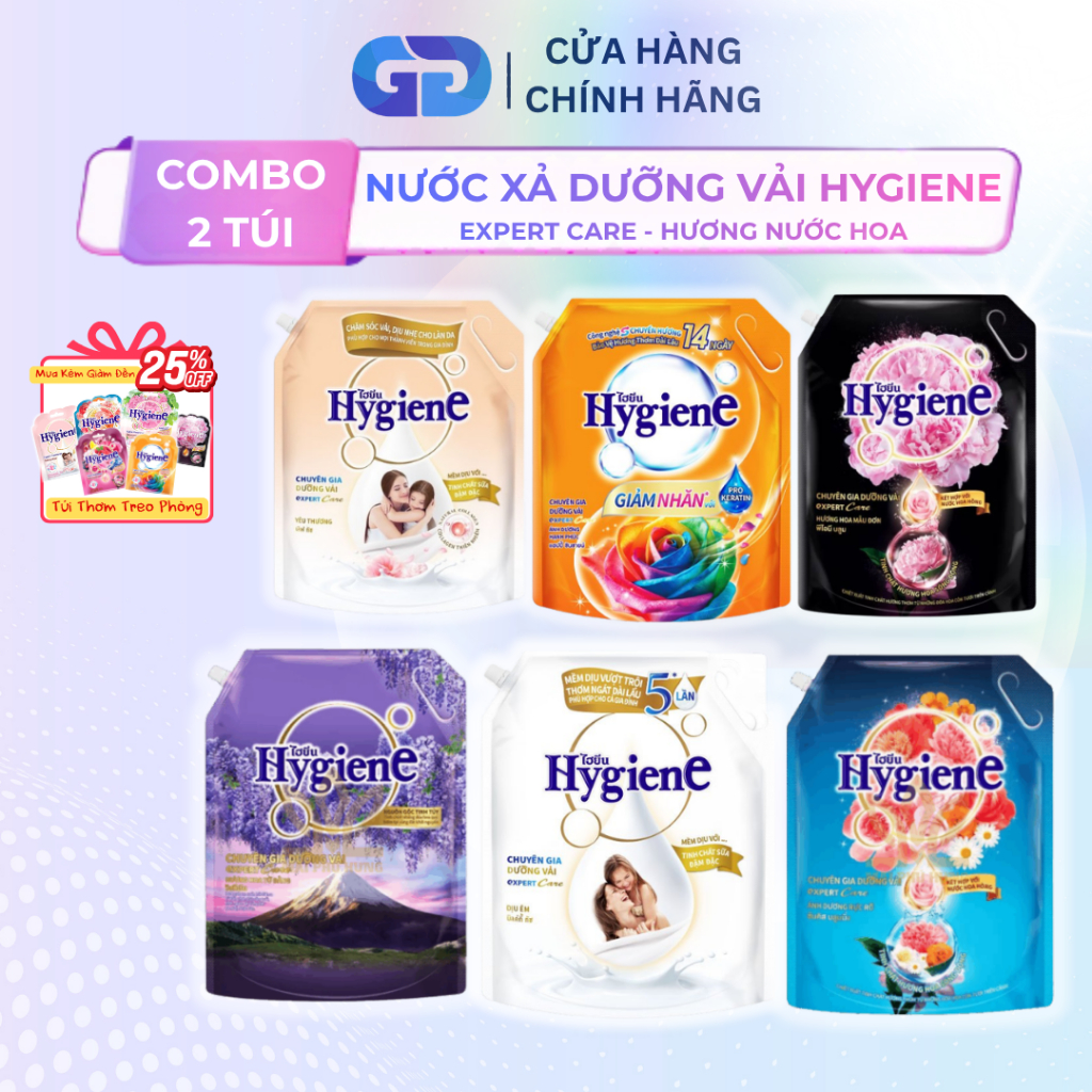 Combo 2 Túi Nước Xả Vải Hygiene 3L Thái Lan Đậm Đặc | Thơm Lâu, Mềm Vải | Hoa Mẫu Đơn | Dịu Êm