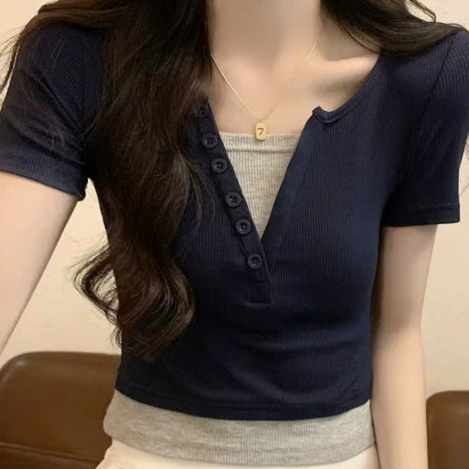 [LOẠI 1] Áo thun tay ngắn cổ chữ V phối màu dáng babytee tiểu thư sang chảnh chất cotton mịn dày A7 SUTANO | BigBuy360 - bigbuy360.vn