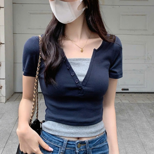 [LOẠI 1] Áo thun tay ngắn cổ chữ V phối màu dáng babytee tiểu thư sang chảnh chất cotton mịn dày A7 SUTANO | BigBuy360 - bigbuy360.vn